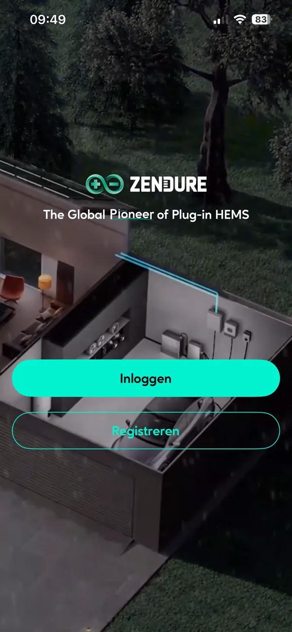 Startscherm van de Zendure-app met de knoppen Inloggen en Registreren