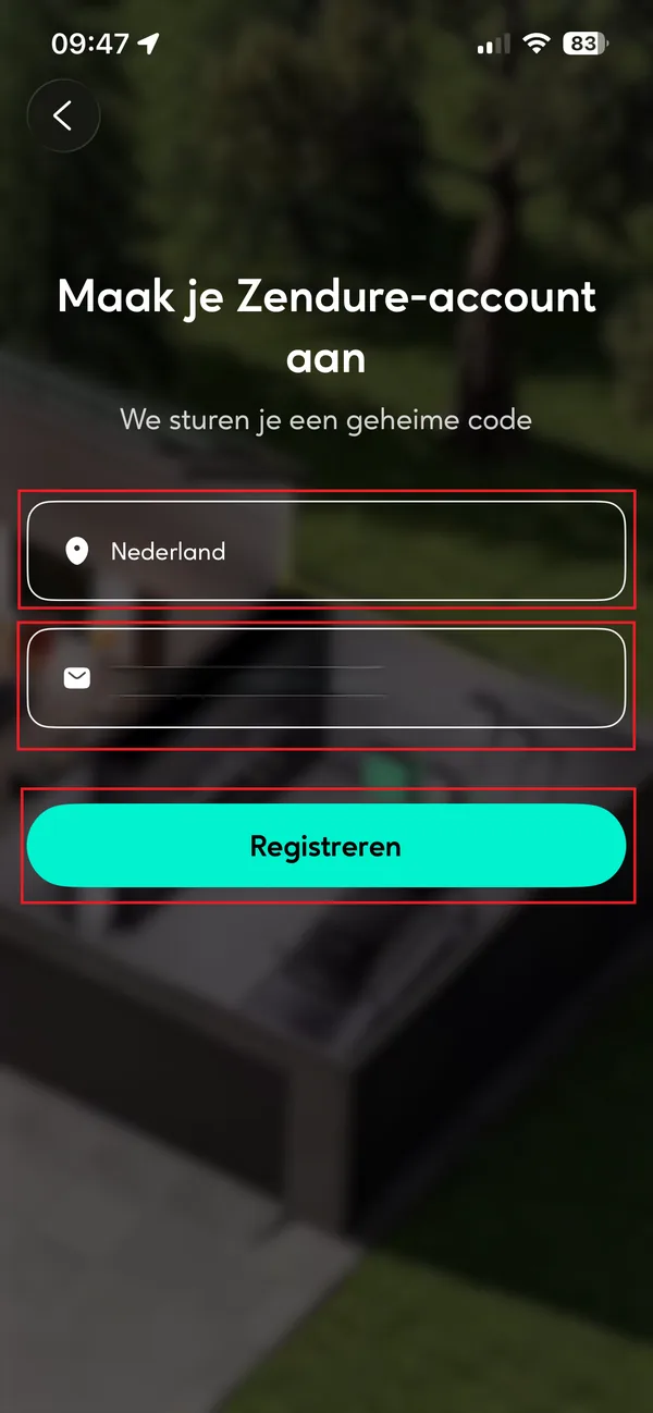 Zendure-account aanmaken: land Nederland en e-mailadres invullen