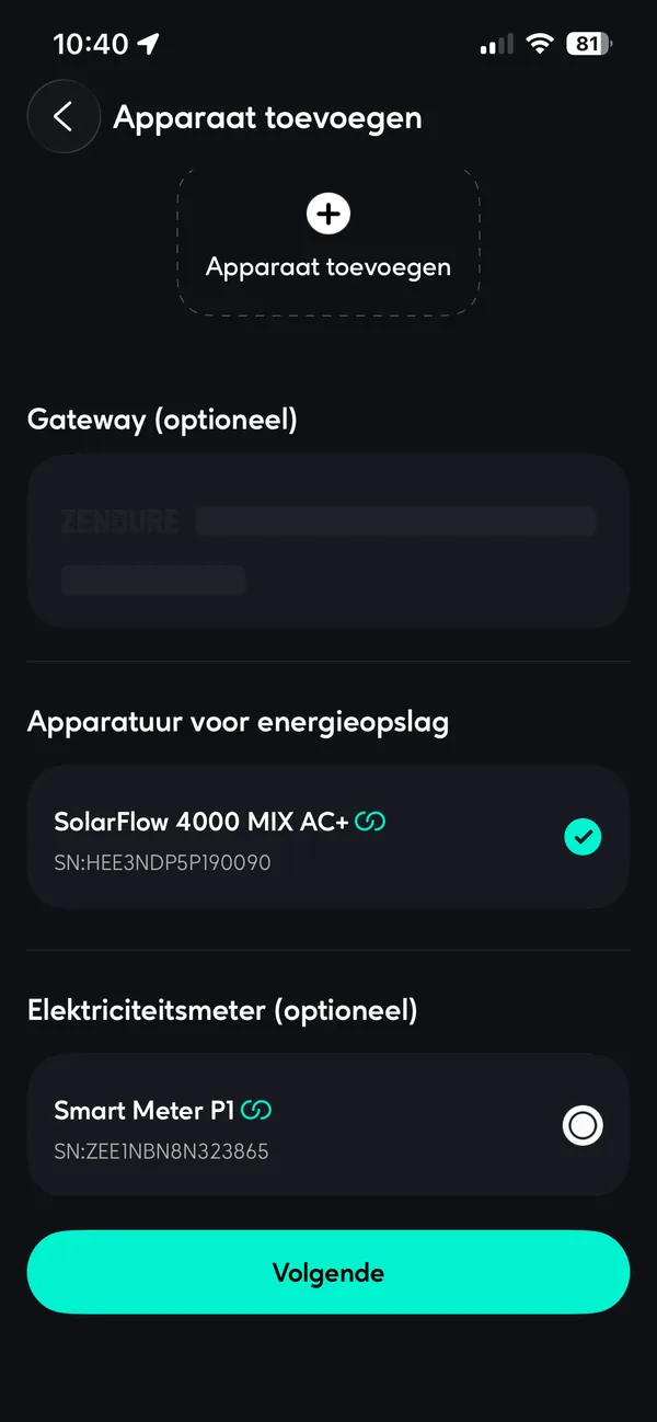SolarFlow 4000 MIX AC+ en Smart Meter P1 allebei geselecteerd op de pagina Apparaat toevoegen