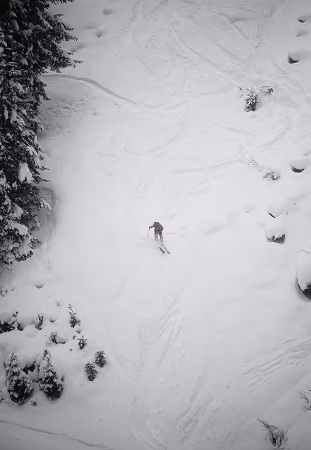 Skier descending a snowy slope surrounded by snow-covered trees and rocks.