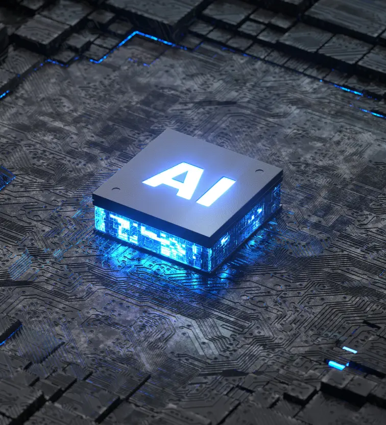 Glowing microchip with letters 'AI' illuminated in blue on a dark circuit board background.