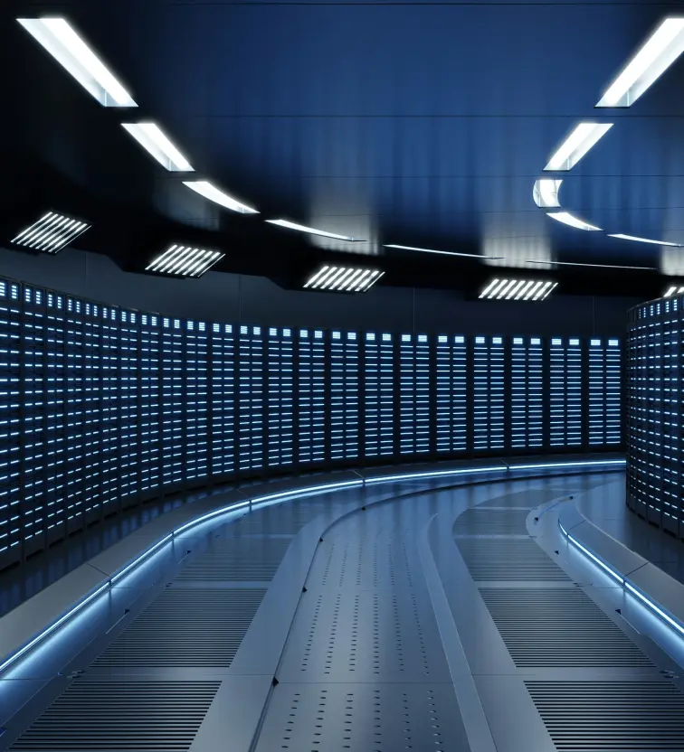Futuristic corridor with curved path, illuminated by blue lights on walls and floor, under bright ceiling lights.