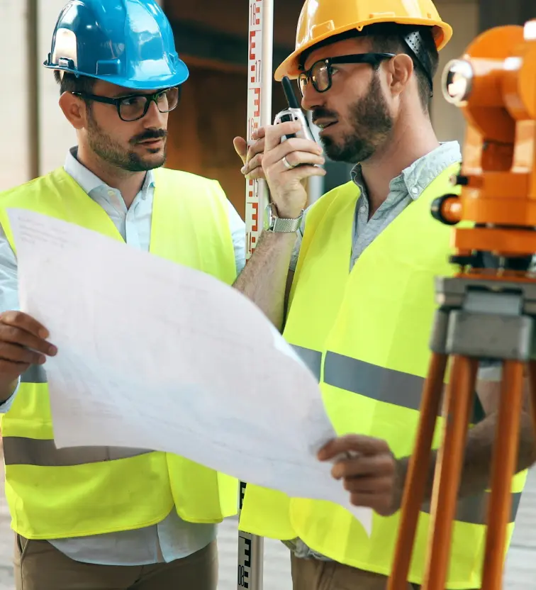Two construction workers wearing safety helmets and reflective vests reviewing a blueprint and using a walkie-talkie at a construction site.
