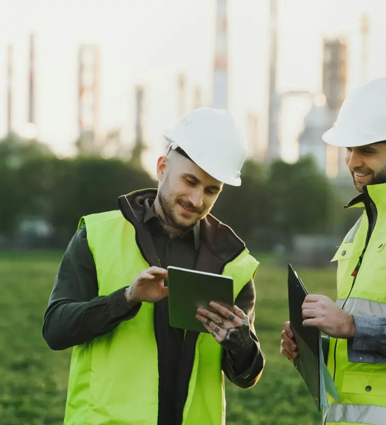 Two construction workers wearing white helmets and neon yellow safety vests, reviewing information on a tablet and clipboard outdoors.