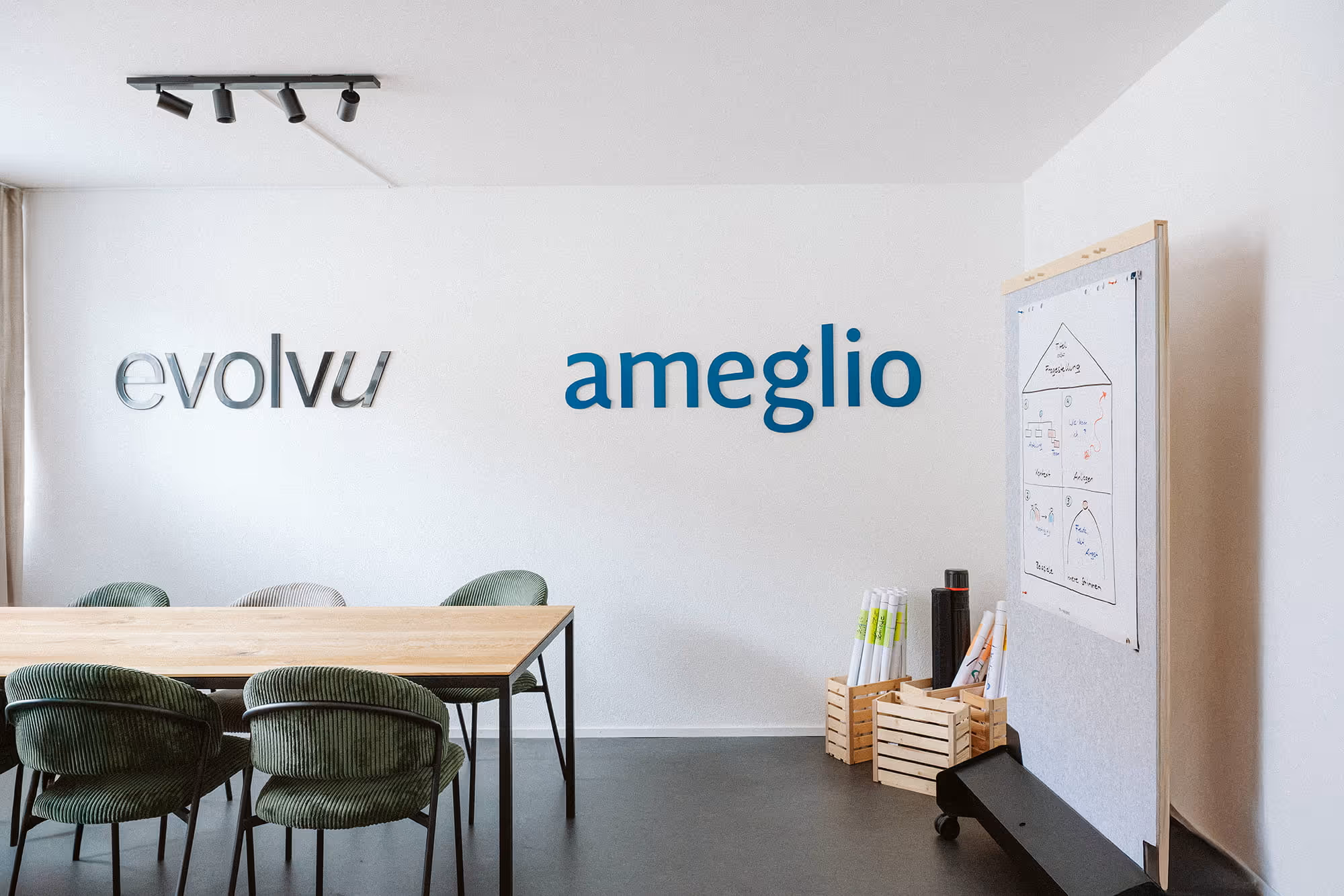Moderner Besprechungsraum mit grün gepolsterten Stühlen, Holz­tisch, Wandbeschriftungen "evolvu" und "ameglio" sowie einer Pinnwand mit Diagrammen.
