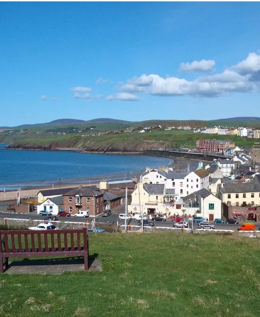 Peel town centre with shops and cafes on Isle of Man