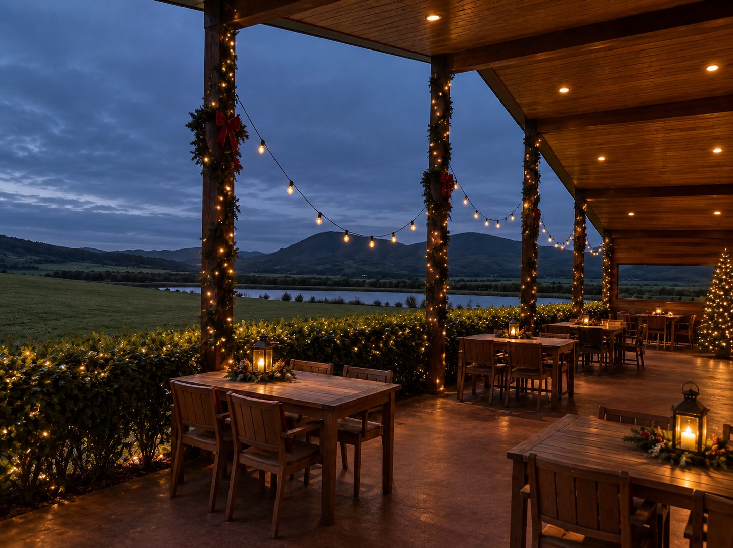 Outdoor wooden tables and chairs on a patio with string lights, overlooking green fields, a lake, and distant hills under a clear blue sky.