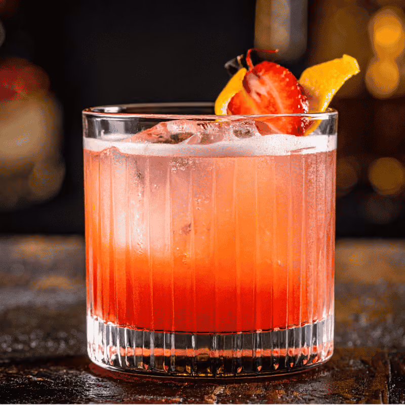 Glass of iced drink garnished with a lime slice and a black straw on a wooden table.