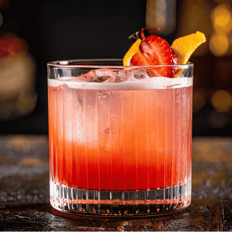 Glass of iced drink garnished with a lime slice and a black straw on a wooden table.