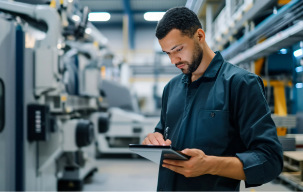 Un homme portant une chemise noire utilise une tablette numérique dans un atelier industriel avec des machines en arrière-plan.
