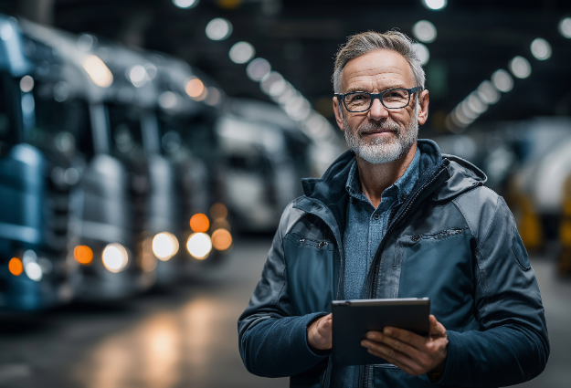Homme mature portant des lunettes et une veste tenant une tablette dans un entrepôt de camions garés.
