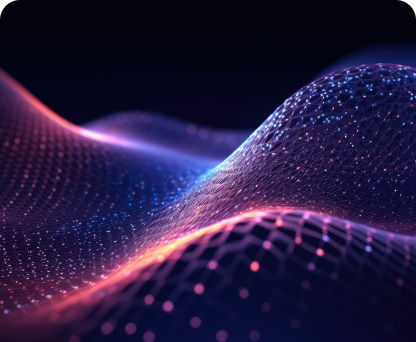 Abstract wave-like digital mesh with glowing blue and pink nodes on a dark background.