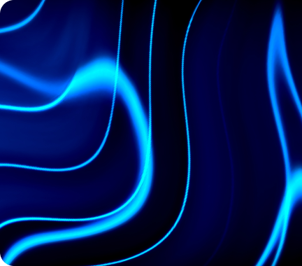Abstract wavy neon blue light lines on a dark background.