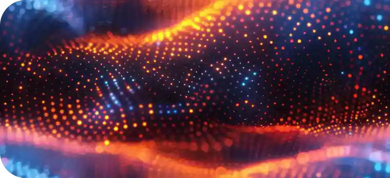 Abstract digital wave pattern with glowing orange and blue dots on a dark background.
