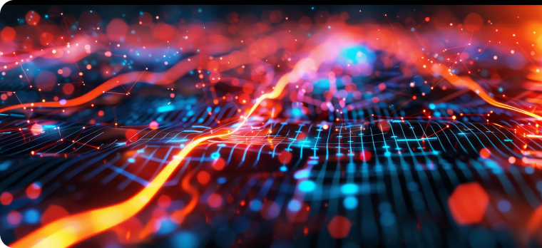 Abstract digital landscape with glowing blue grid and flowing orange light streaks.