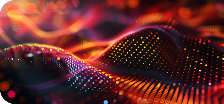 Abstract digital wave landscape with glowing multicolored dots and smooth flowing curves.