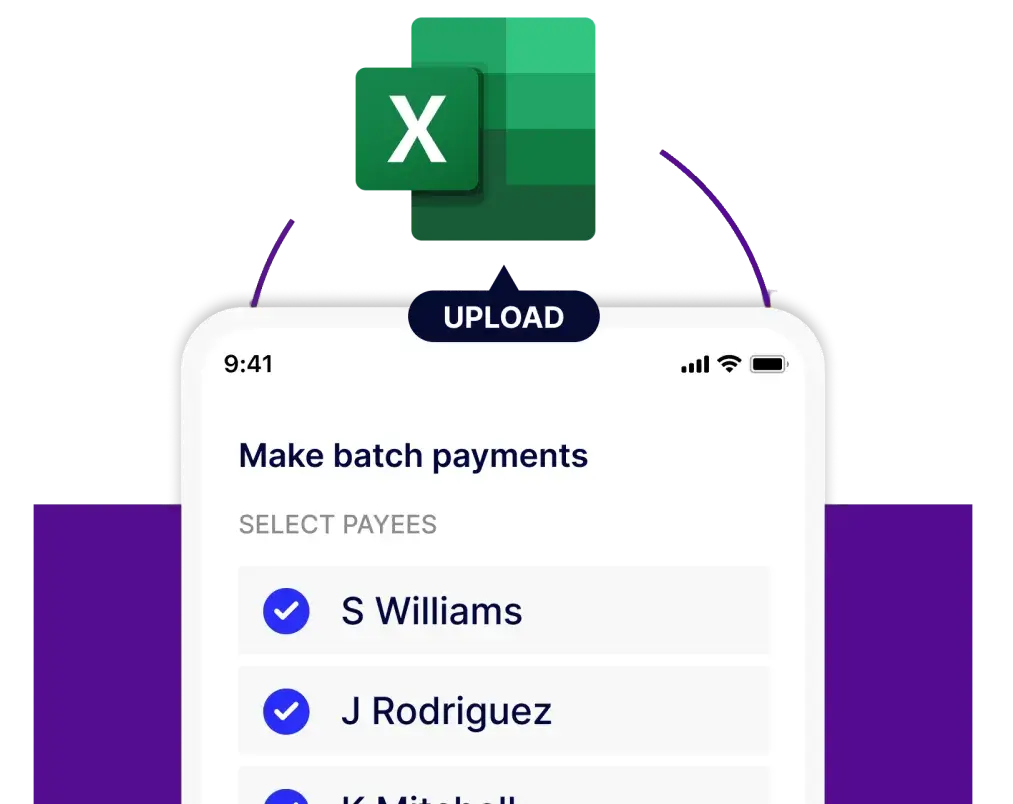 Mobile screen showing a batch payment interface with payees selected and an Excel icon above labeled 'UPLOAD'.