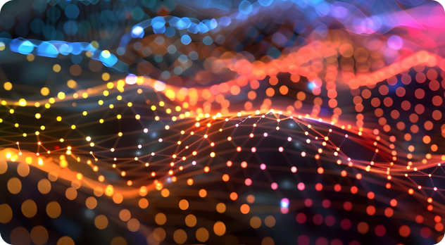 Abstract digital landscape of interconnected points and lines with glowing orange, red, and blue lights.