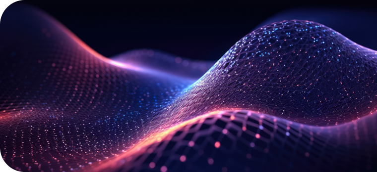 Abstract 3D wave surface made of glowing digital mesh with blue and purple tones.