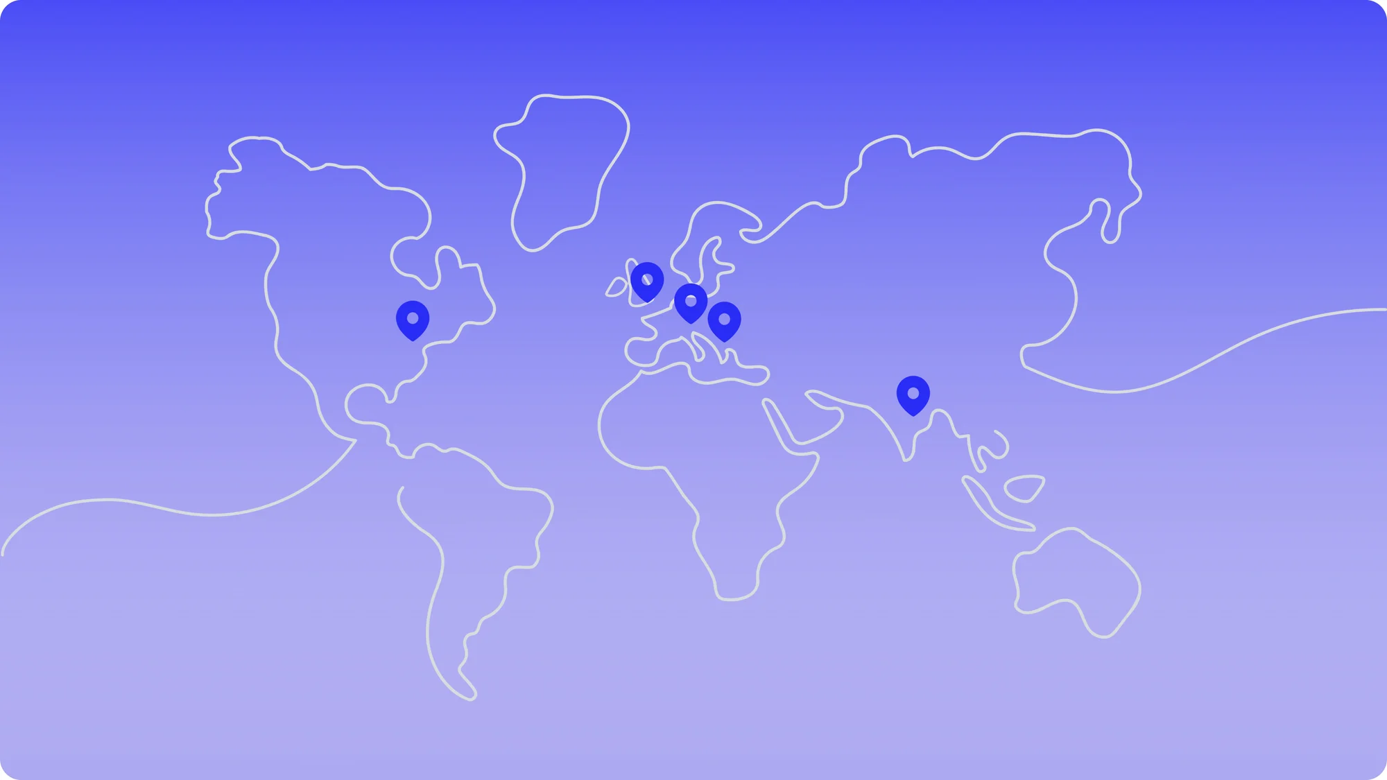 Minimalist world map with five blue location pins marking spots in North America, Europe, and Asia on a blue gradient background.