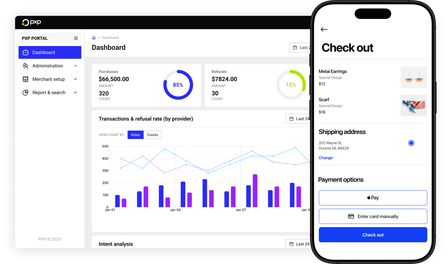 Dashboard showing purchases and refunds statistics with a graph of transaction refusal rates by provider, alongside a mobile checkout screen listing metal earrings and scarf with shipping address and payment options.