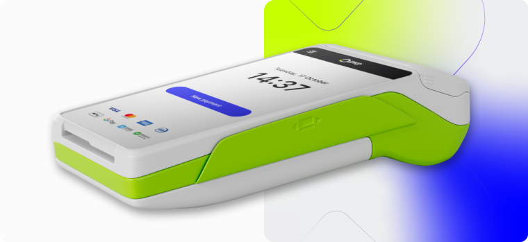 Modern handheld payment terminal with a green and white design displaying a transaction time of 14:37.
