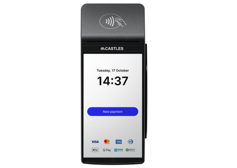 Black Castles payment terminal displaying time 14:37 and date Tuesday, 17 October with a 'New payment' button and multiple payment method icons including Visa, Mastercard, Apple Pay, and Google Pay.
