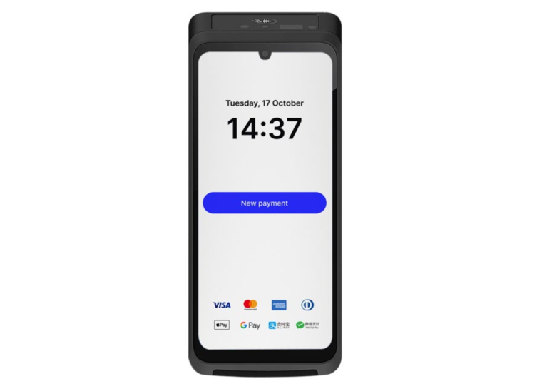 Mobile payment terminal screen showing Tuesday, 17 October, 14:37, and a blue button labeled New payment with various payment method logos below.