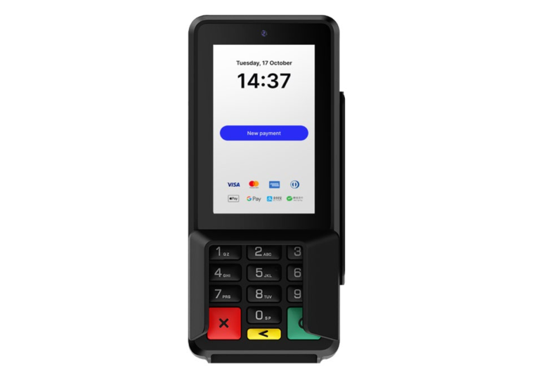 Black payment terminal showing time 14:37, date Tuesday 17 October, with a blue 'New payment' button and various payment method logos.