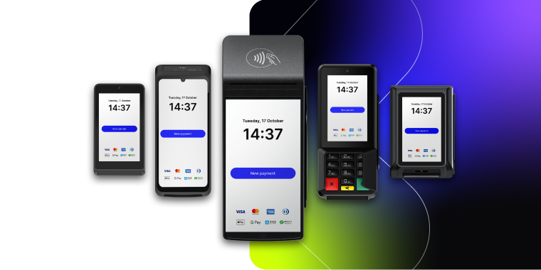 Five different digital point-of-sale payment terminals displaying the time 14:37 and a blue 'New payment' button on their screens.