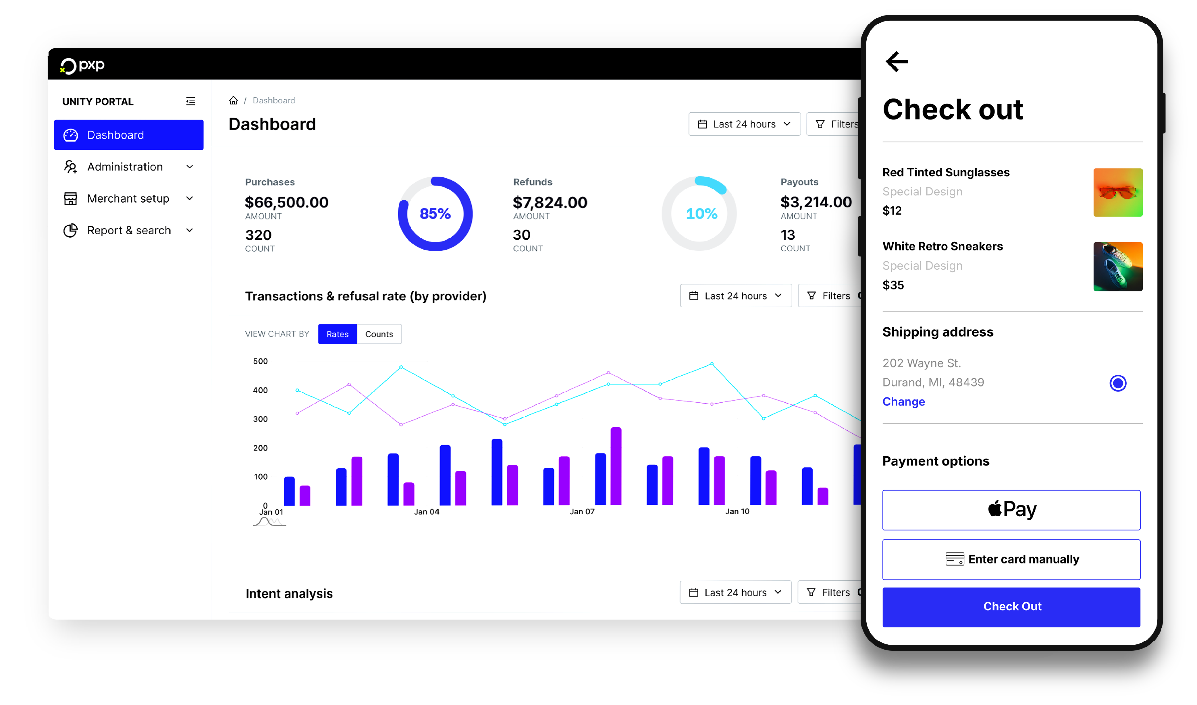 UX dashboard showing purchases, refunds, and payouts with charts, alongside a mobile checkout screen listing red tinted sunglasses and white retro sneakers, shipping address, and payment options including Apple Pay and manual card entry.