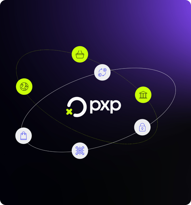 Dark purple gradient background with the 'pxp' logo at the center, surrounded by six circular icons linked by orbit-like lines representing global connectivity, shopping, finance, banking, security, and QR codes.
