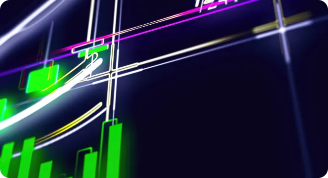Abstract financial chart with neon green bar graphs and bright curved lines on a dark background.