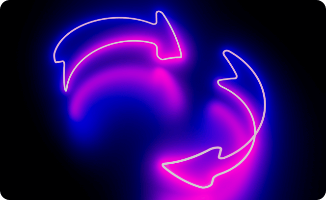 Two glowing neon arrows in purple and blue forming a circular cycle on a dark background.