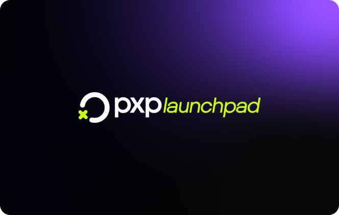 Pxp launchpad logo with white and lime text on a black and purple gradient background.