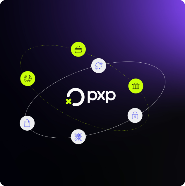 PXP logo at center surrounded by orbiting icons representing global commerce, shopping, QR code, security, and banking on a dark purple gradient background.