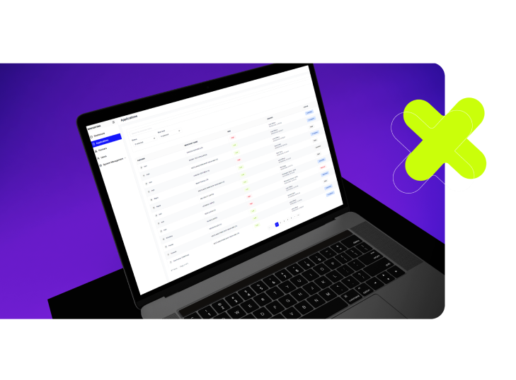 Open laptop displaying an application management dashboard with a list of applications and their statuses on a purple gradient background.