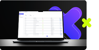 Laptop on desk displaying dashboard with a list of transactions and status indicators, purple and green abstract shapes in the background.