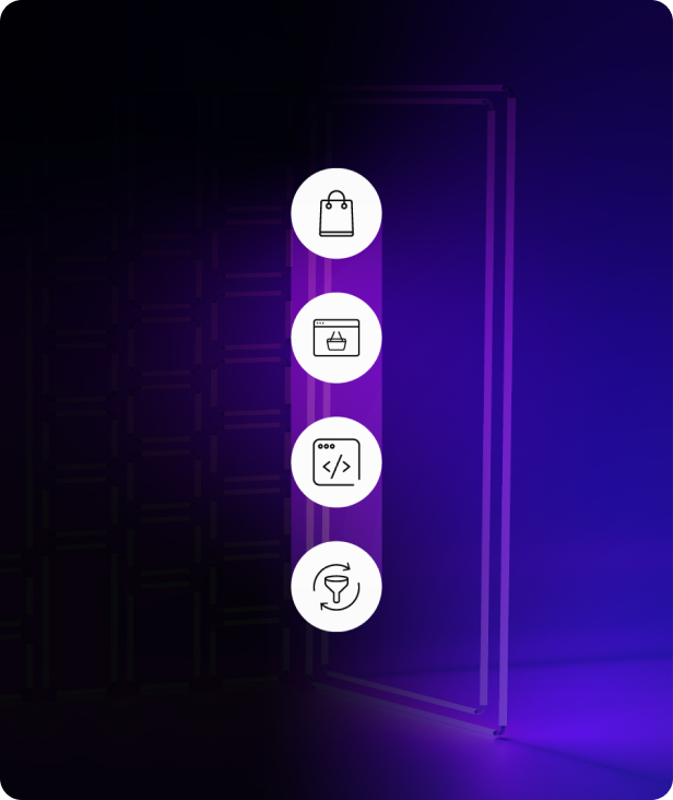 Vertical column of four circular icons on a purple gradient background, including a shopping bag, a web page with a shopping basket, a code window, and a funnel with arrows.