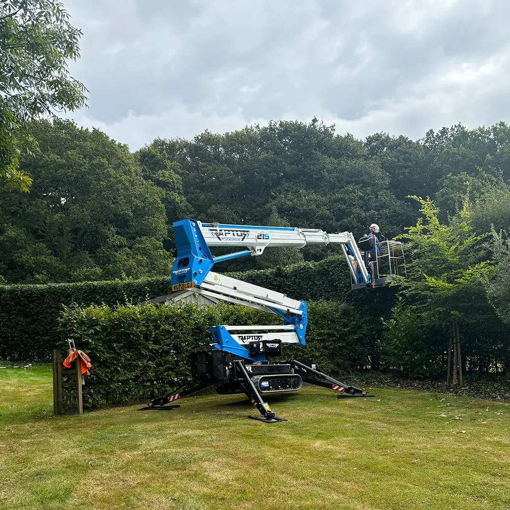 Team members from Branching Out Arboriculture trimming a hedge using specialist machinery  