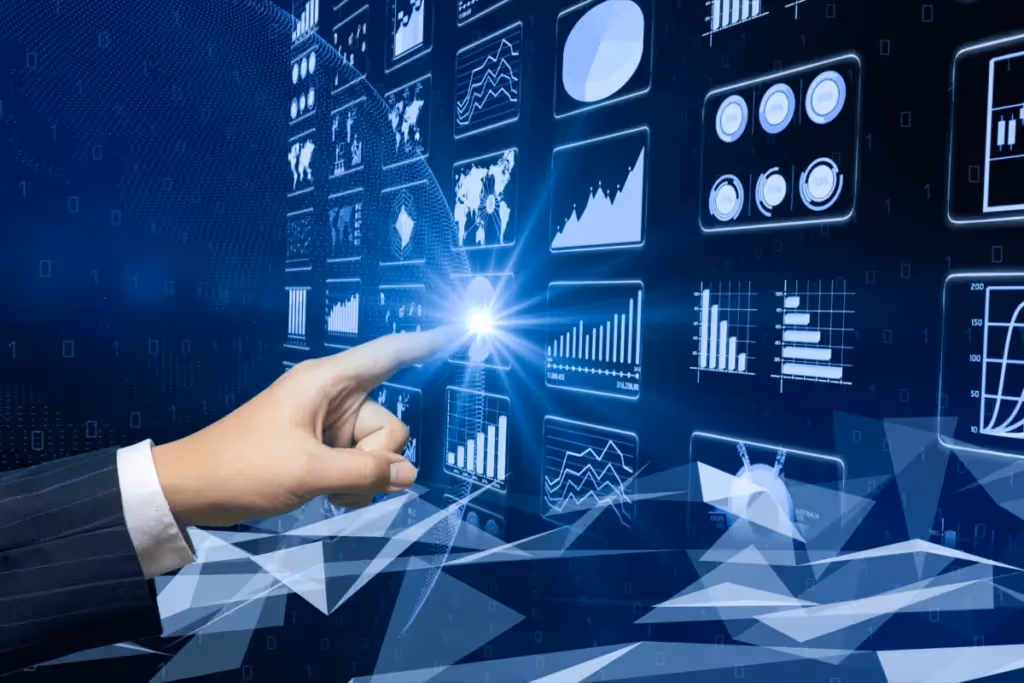 Finger touching a futuristic data visualization on a digital screen.