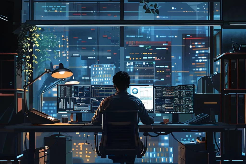 Software developer working late at night with multiple monitors in a high-rise office.