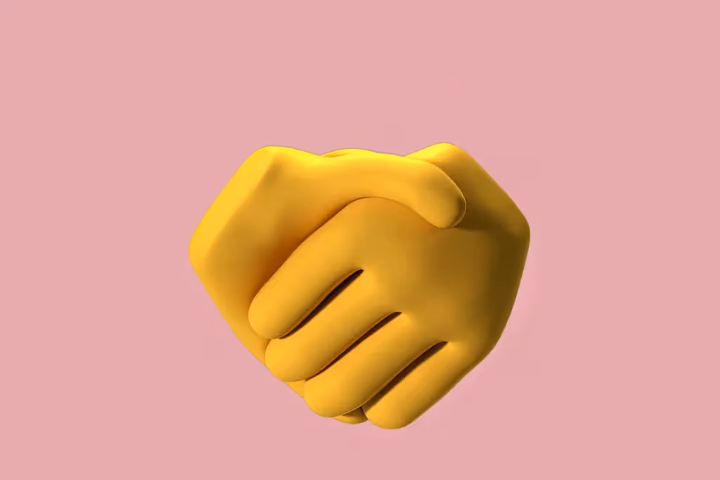 3D illustration of yellow hands shaking, symbolizing partnership and agreement.