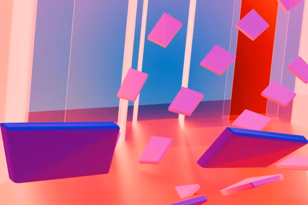 Abstract 3D art with floating pink and purple rectangles against a gradient blue and red background.