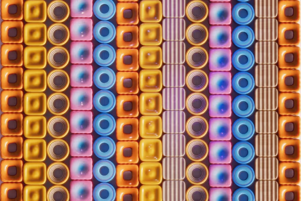 Abstract art with rows of vivid geometric shapes, including circles, squares, and gradients.