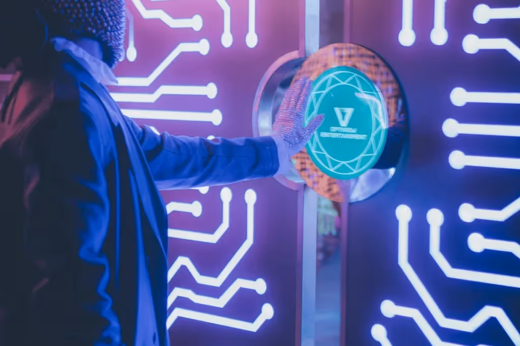 Man in a suit and gloves touching a high-tech screen with neon circuit patterns.