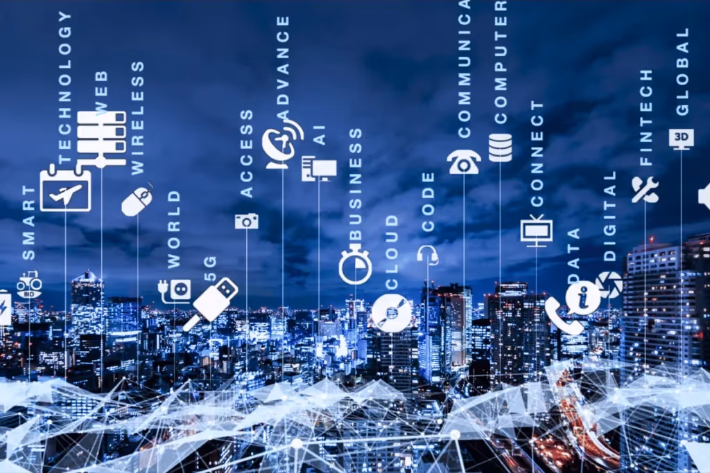 City skyline with digital technology icons and keywords like AI, cloud, and 5G overlaid.