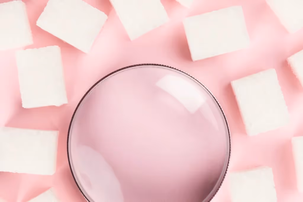 Arrangement of sugar cubes with a magnifying glass on a pink pastel surface.
