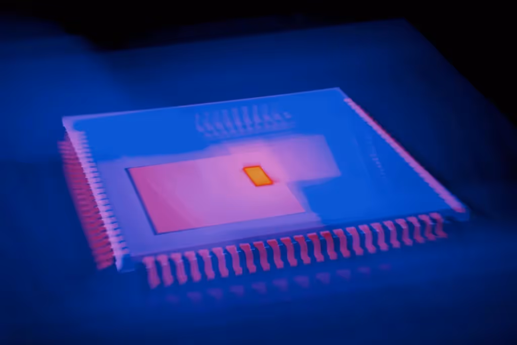 Abstract image of a computer chip with neon blue and pink hues.