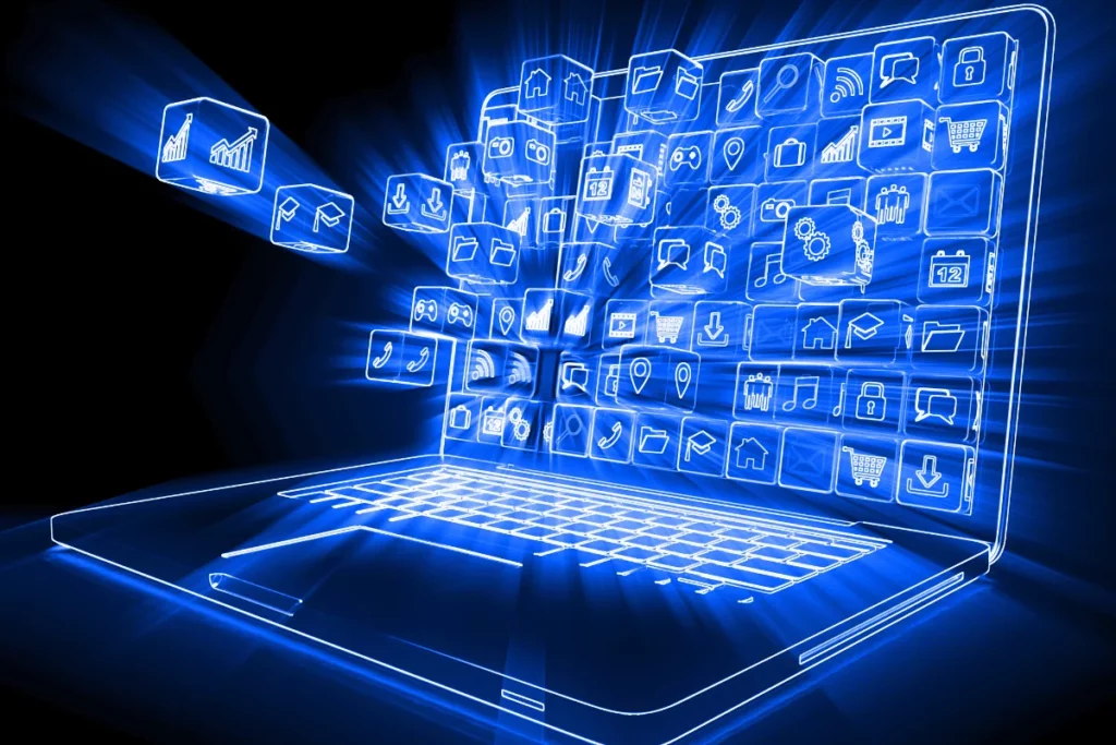 Digital wireframe hand reaching towards SaaS technology chip on a blue background.